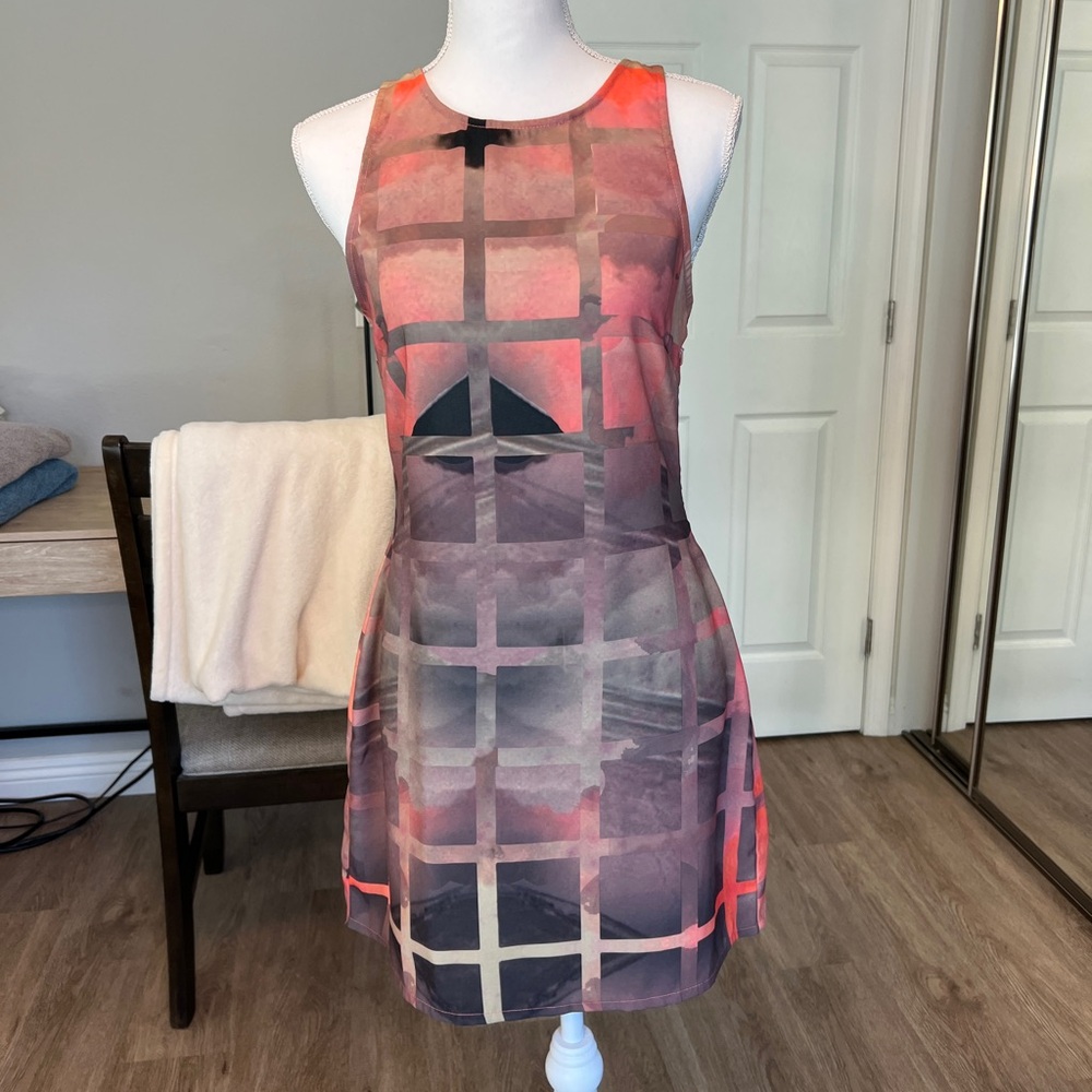 Paint It Red Orange Abstract Geometric Print Halter Neck Dress - Size S